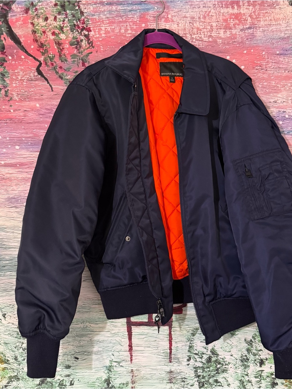 Banana Republic Men's Navy Bomber Jacket with Orange Lining